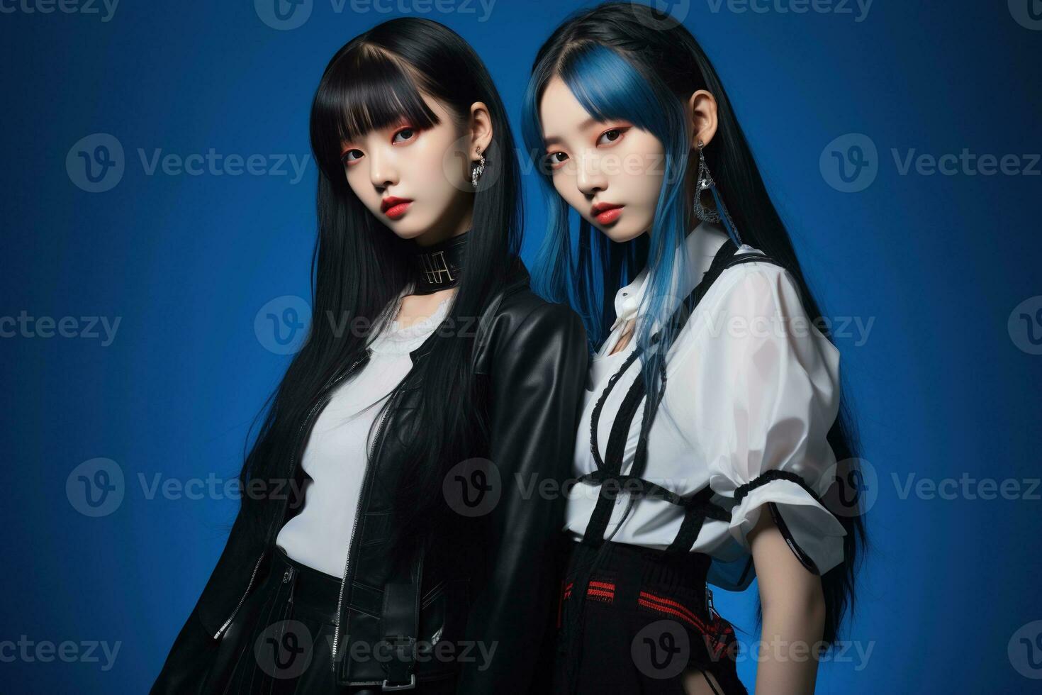 portret van twee mooi Aziatisch Dames in mode outfits Aan blauw achtergrond ai gegenereerd foto