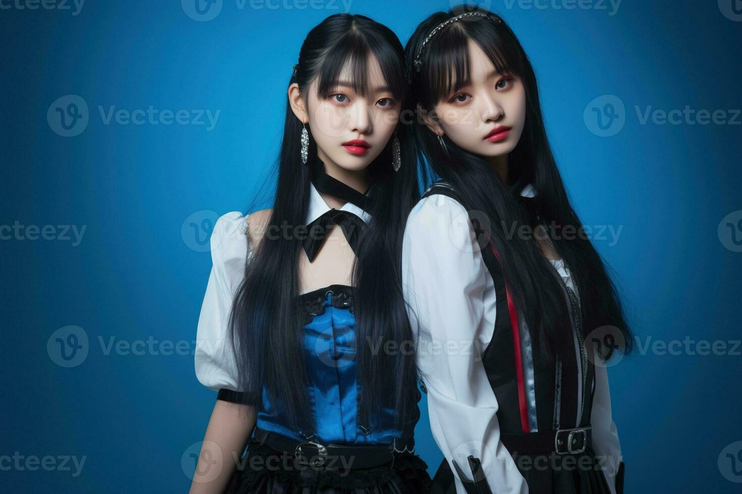 portret van twee mooi Aziatisch Dames in mode outfits Aan blauw achtergrond ai gegenereerd foto