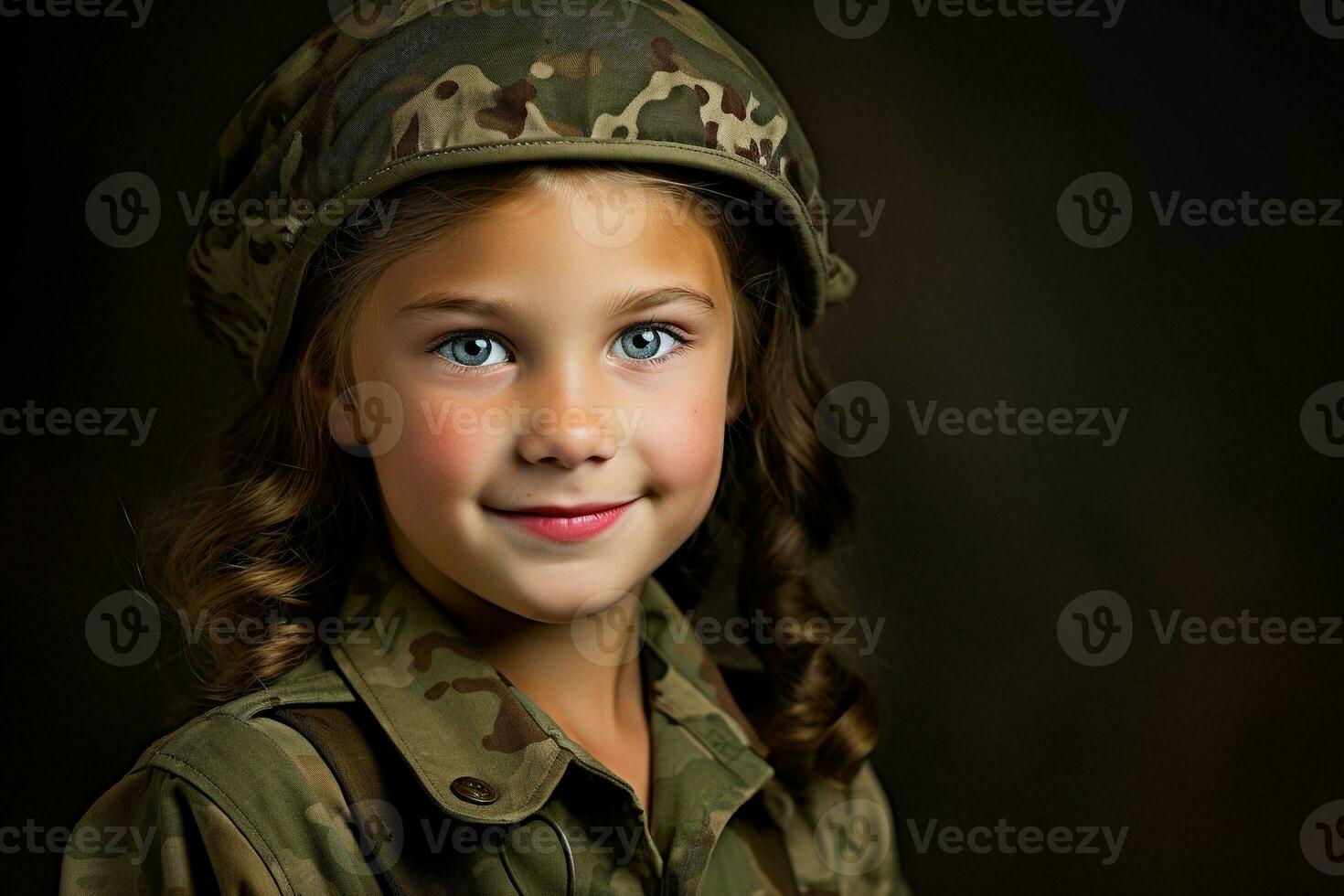 portret van een weinig meisje in een leger uniform. studio schot. ai gegenereerd foto