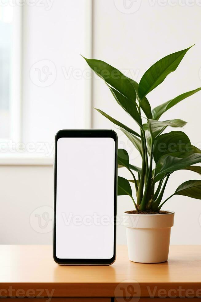 mockup smartphone met blanco scherm Aan tafel met groen fabriek ai gegenereerd foto