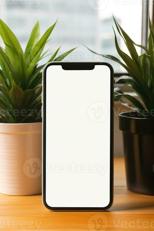 mockup smartphone met blanco scherm Aan tafel met groen fabriek ai gegenereerd foto