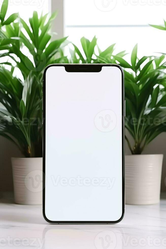 mockup smartphone met blanco scherm Aan tafel met groen fabriek ai gegenereerd foto