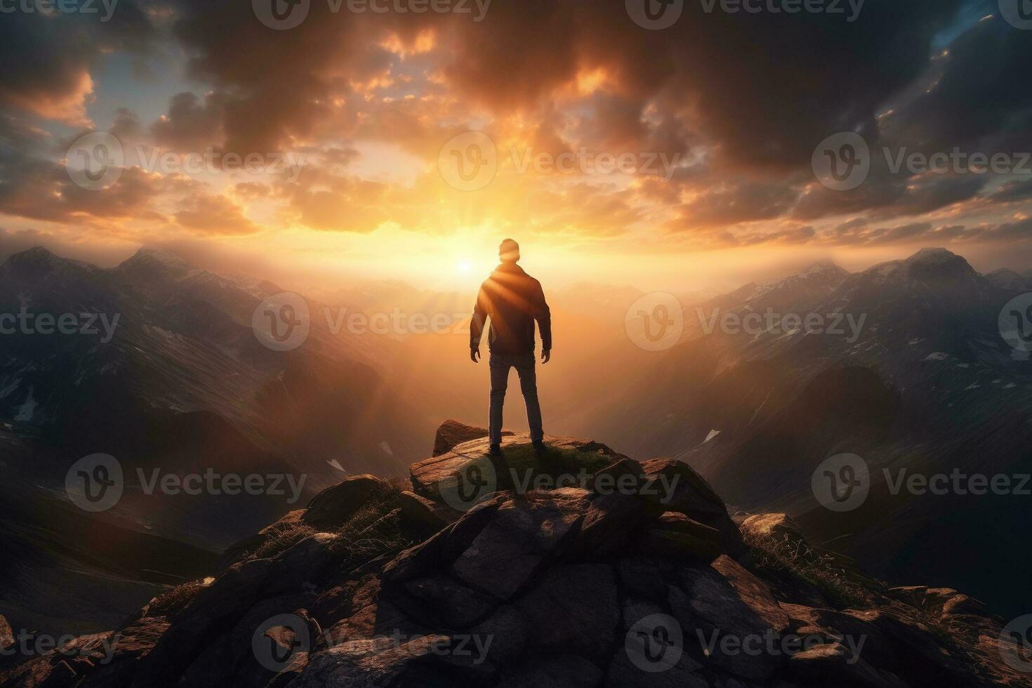 Mens staand Aan top van de berg en op zoek Bij de zonsondergang ai gegenereerd foto