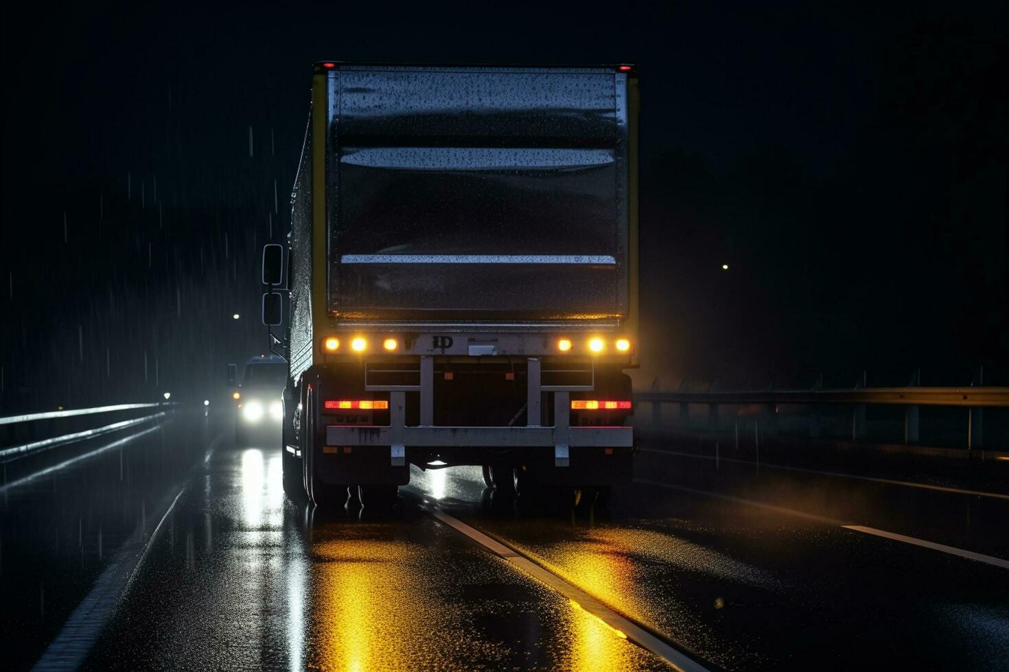 vrachtauto het rijden Aan de weg Bij nacht met mist. concept van lading vervoer. ai gegenereerd foto