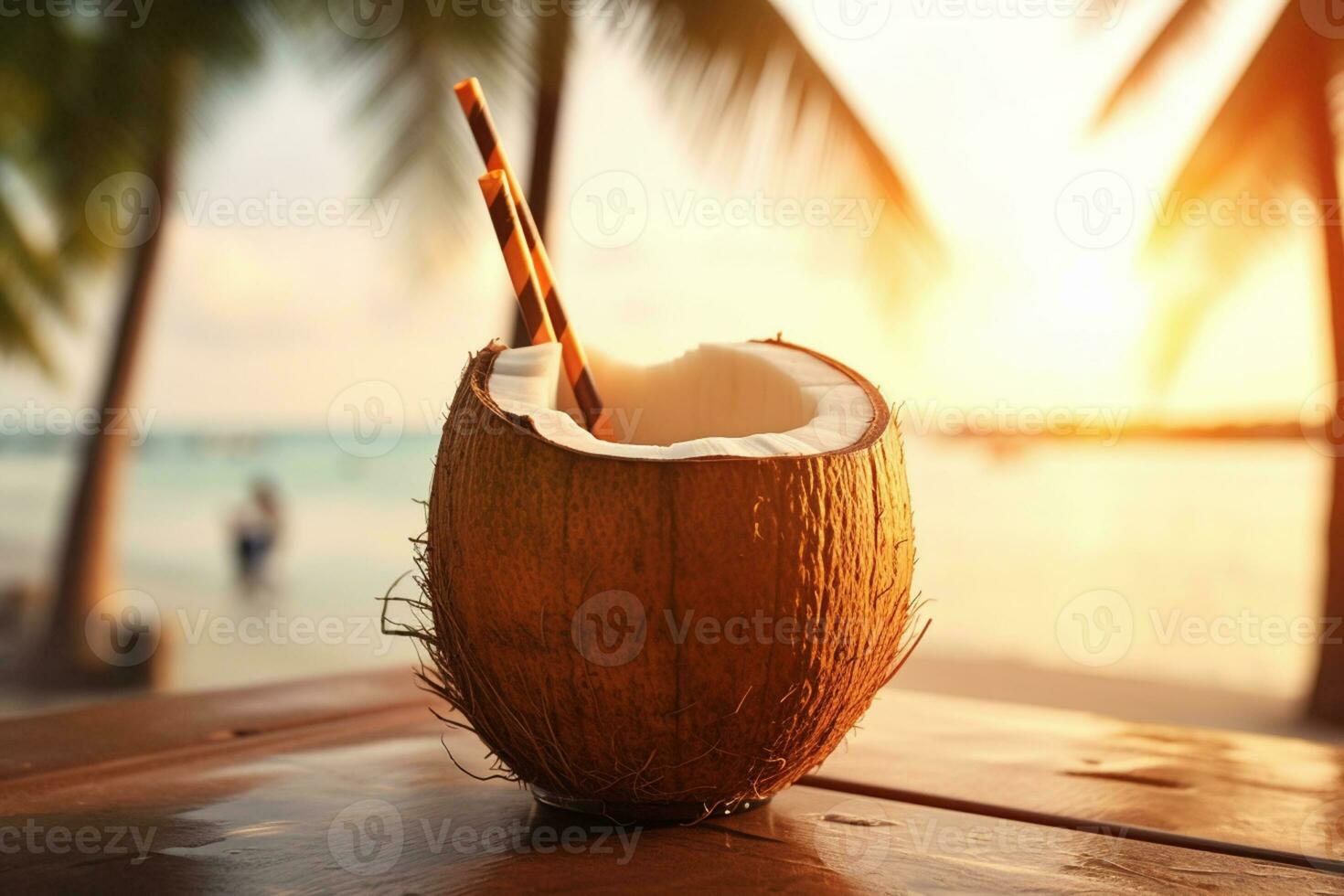 kokosnoot cocktail met rietje Aan tropisch strand. zomer vakantie concept ai gegenereerd foto