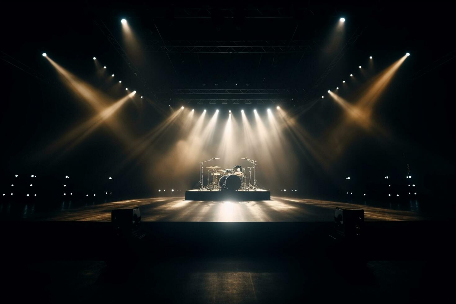 stadium lichten, schijnwerpers en rook Aan de fase. concert verlichting uitrusting ai gegenereerd foto