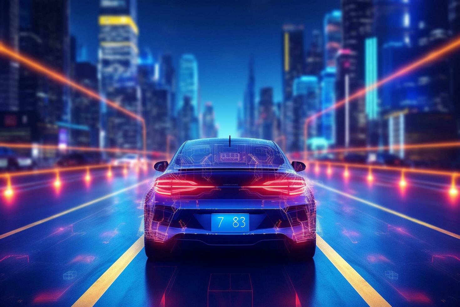 3d renderen van een blauw sport auto in de neon licht stad Bij nacht ai gegenereerd foto