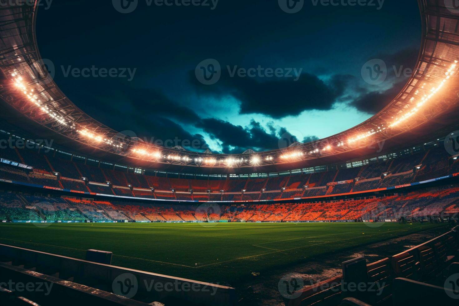 voetbal stadion Bij nacht met lichten en fakkels. 3d renderen ai gegenereerd foto