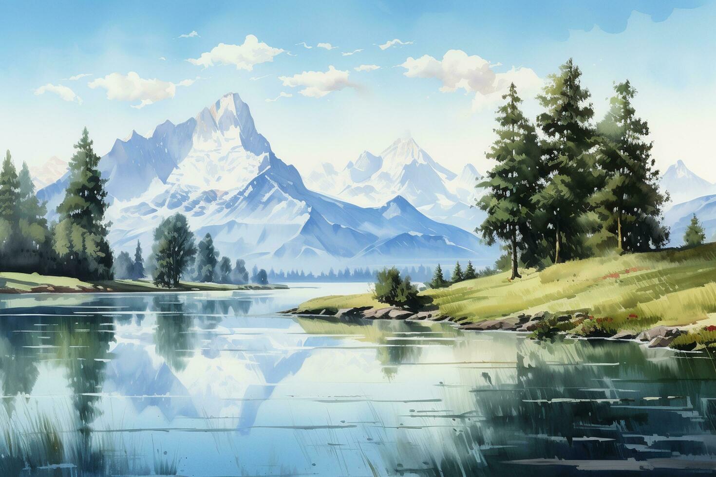 mooi berg landschap met rivier- en hoog bergen. digitaal schilderen. ai gegenereerd foto