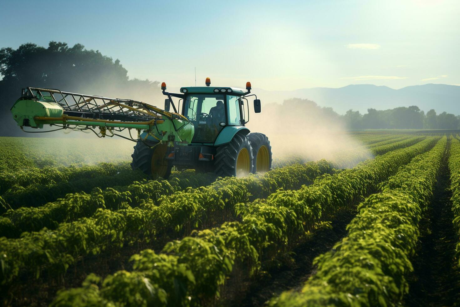 boer sproeien pesticiden Aan een aardappel veld- met een sproeier. ai gegenereerd foto