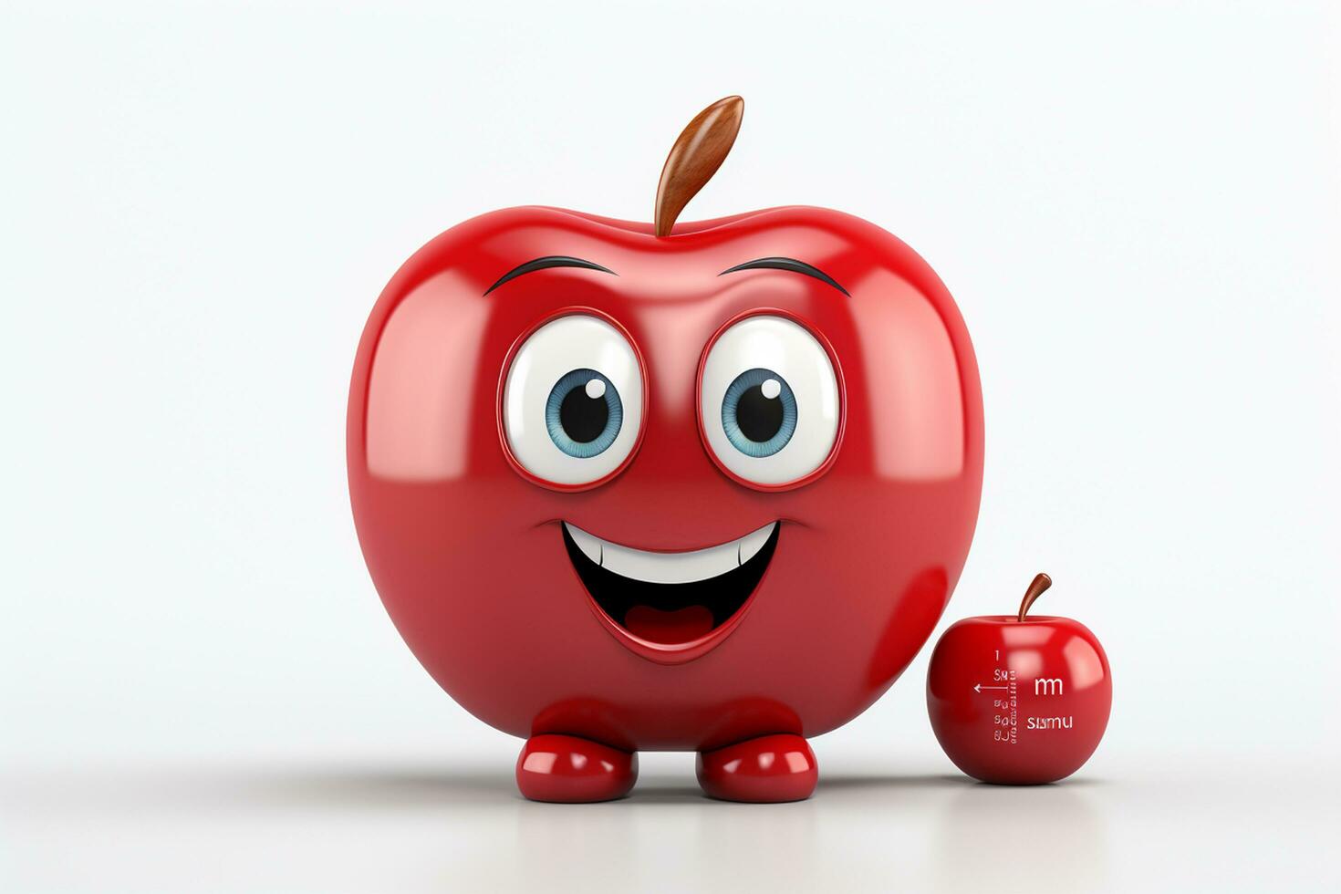 3d illustratie van rood appel tekenfilm karakter met armen en poten leunend Aan muur ai gegenereerd foto