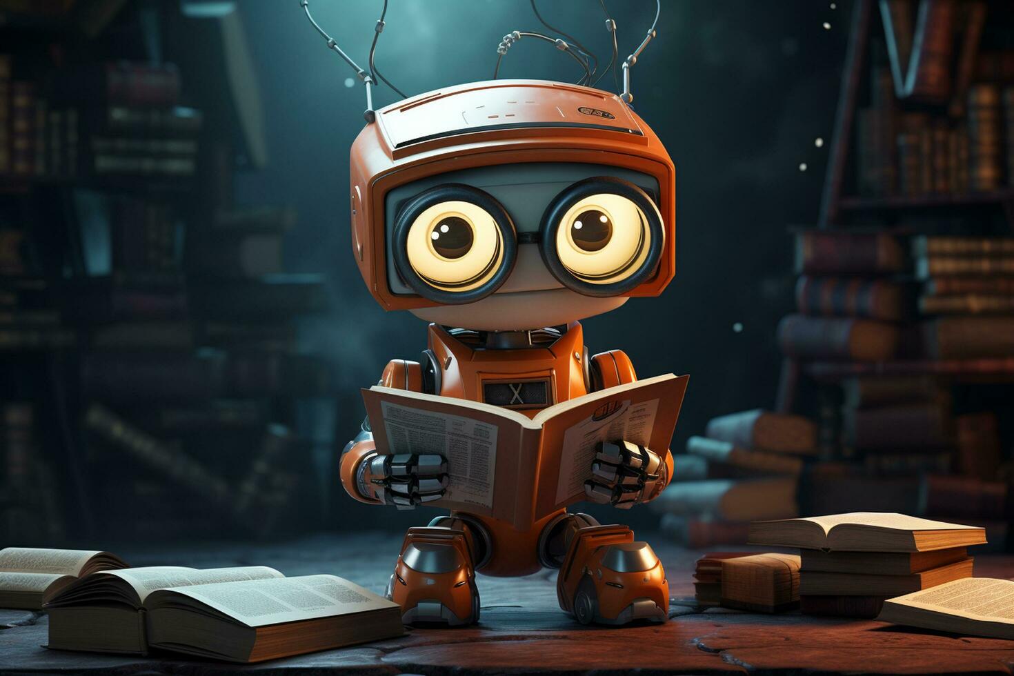 schattig robot lezing een boek 3d illustratie technologie concept ai gegenereerd foto