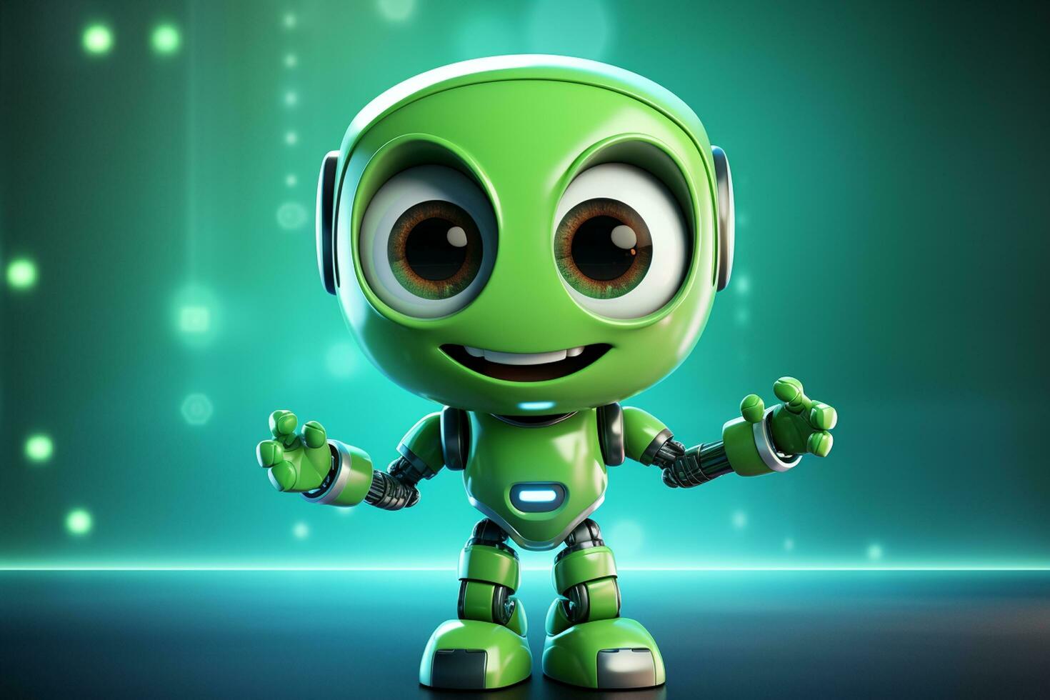 schattig groen robot met smiley gezicht - 3d illustratie van tekenfilm karakter ai gegenereerd foto
