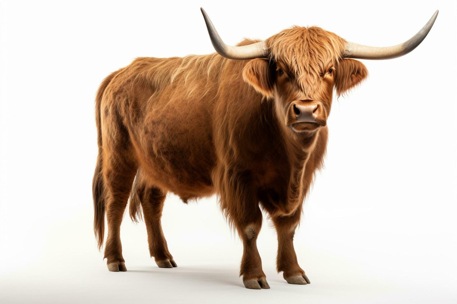 portret van een bruin stier geïsoleerd Aan een wit studio achtergrond. ai gegenereerd foto