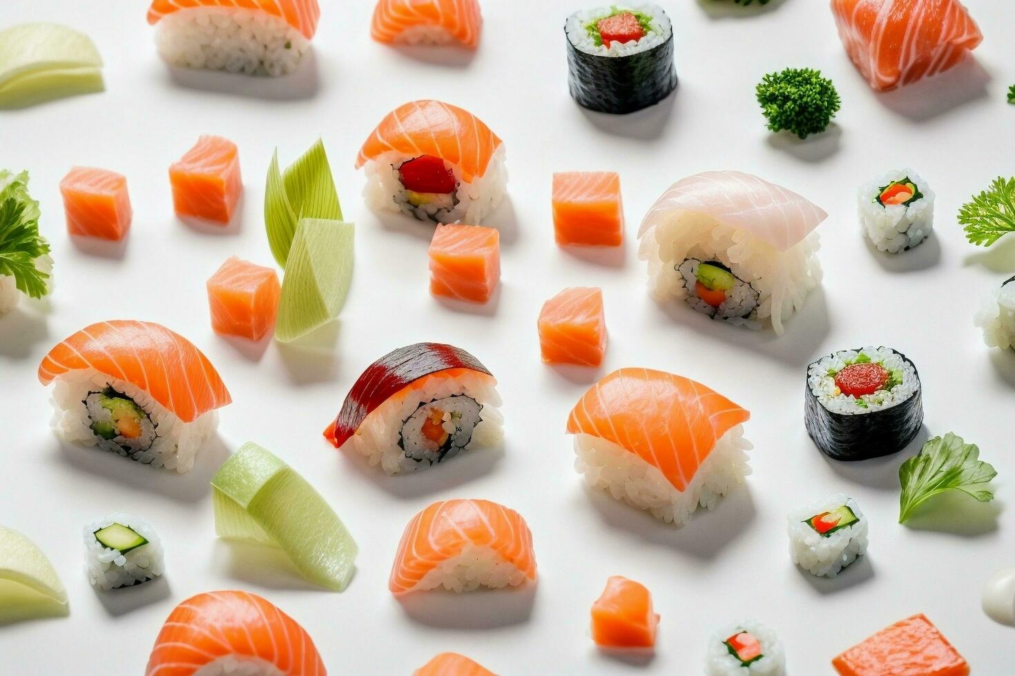 fijnproever zeevruchten presentatie met sushi, sashimi en wasabi door generatief ai foto