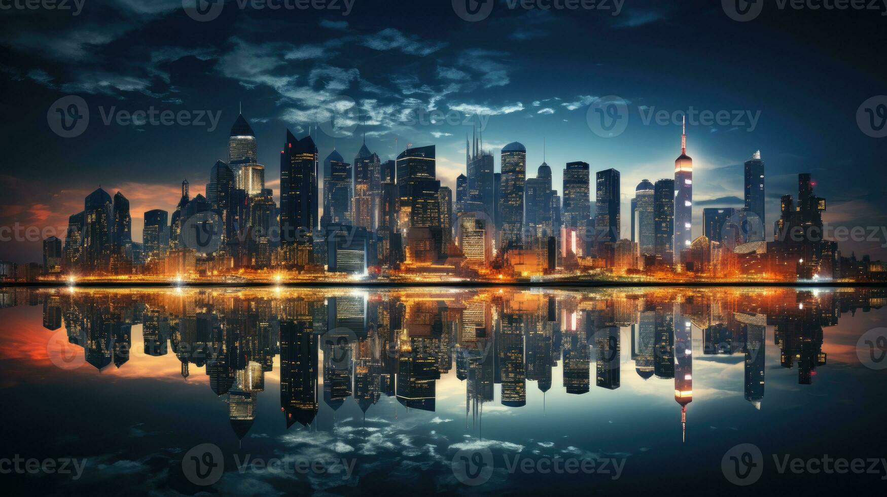 een stad horizon met een groep van verlichte wolkenkrabbers Bij nacht. generatief ai foto