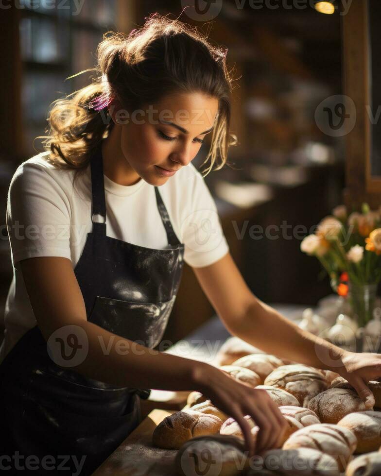 jong vrouw werken in een bakkerij. generatief ai foto