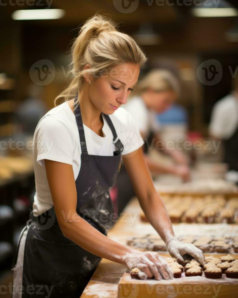 jong vrouw werken in een bakkerij. generatief ai foto