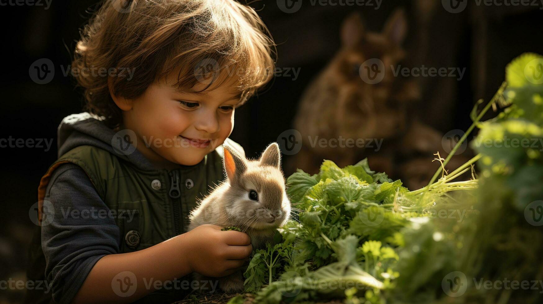 weinig jongen voeden een klein konijn met vers groenten.. generatief ai foto