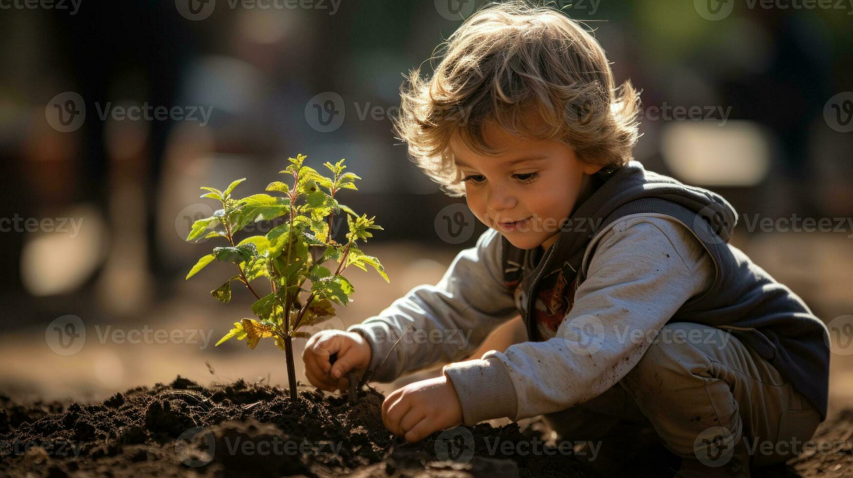 weinig jongen aanplant een klein boom in een tuin.. generatief ai foto