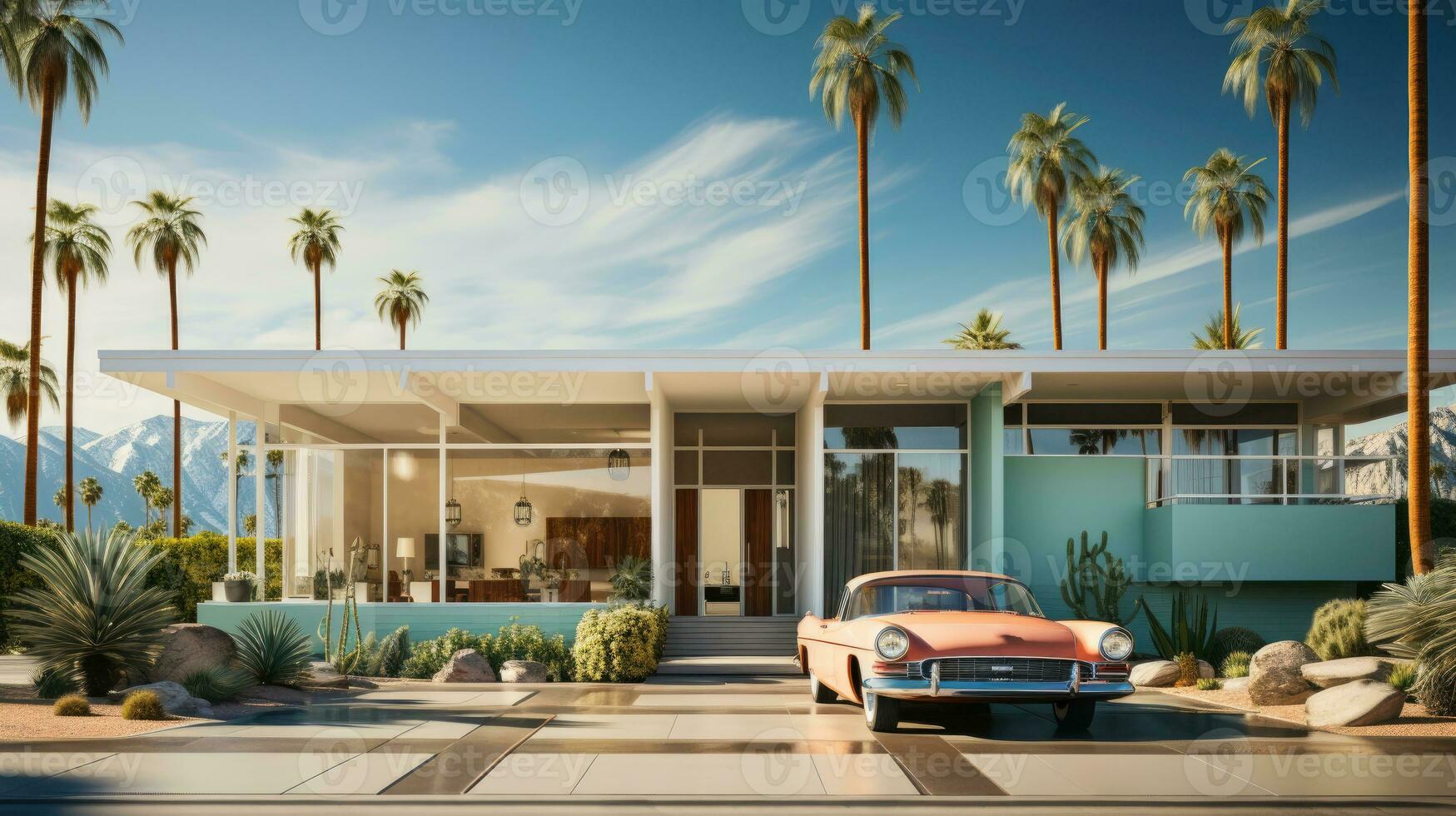 een uitgestrekt Californië bungalow. een wijnoogst auto geparkeerd uit voorkant.. generatief ai foto