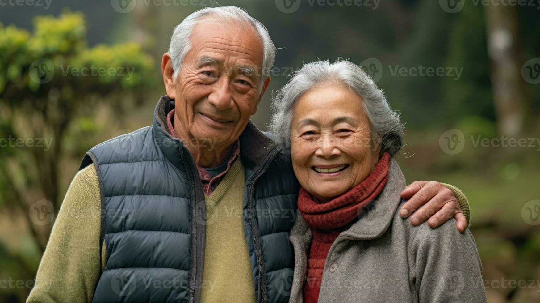 ouderen Aziatisch paar poses gelukkig. generatief ai foto