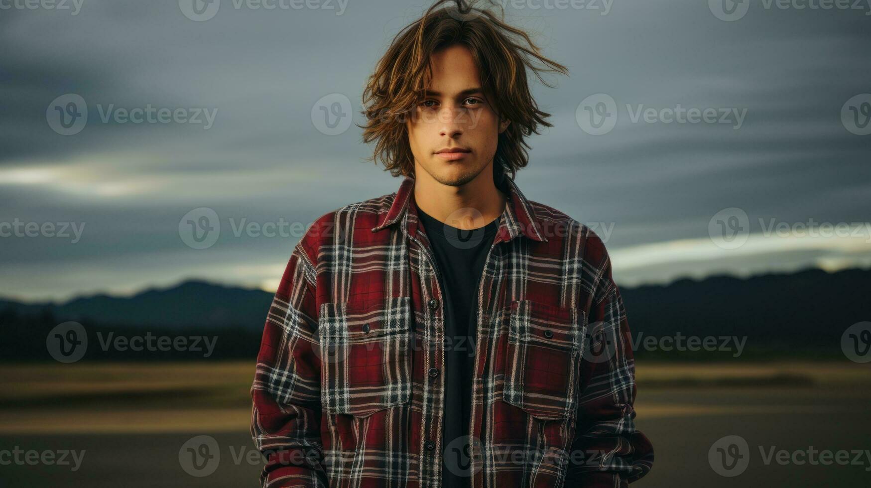 tiener in een grunge flanel overhemd en gescheurd jeans.. generatief ai foto