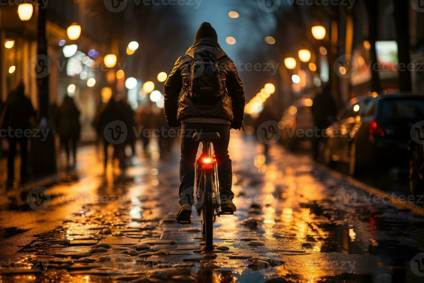 een Mens rijden een fiets Aan een regenachtig avond straat. generatief ai foto