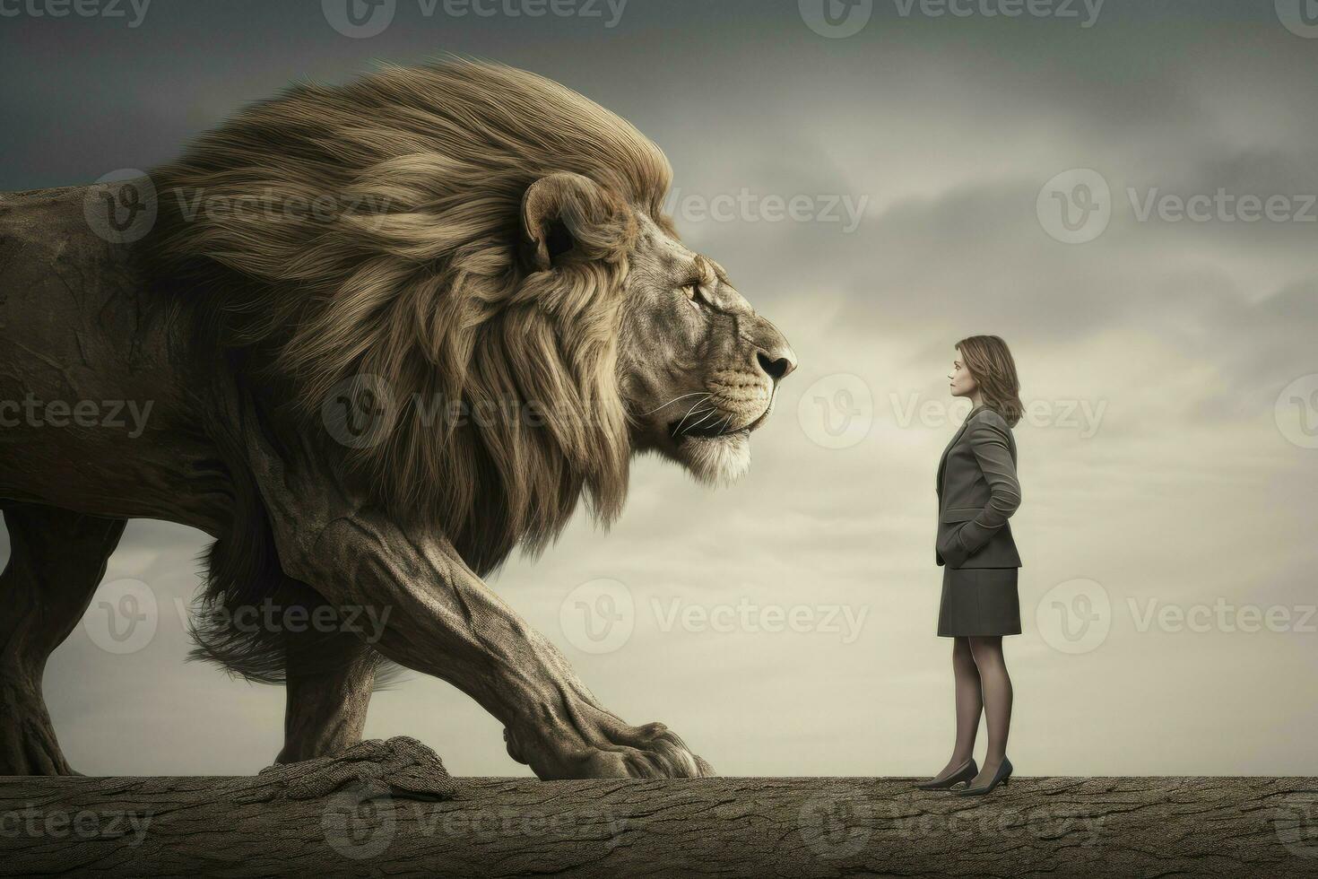 vrouw tegen leeuw. genereren ai foto