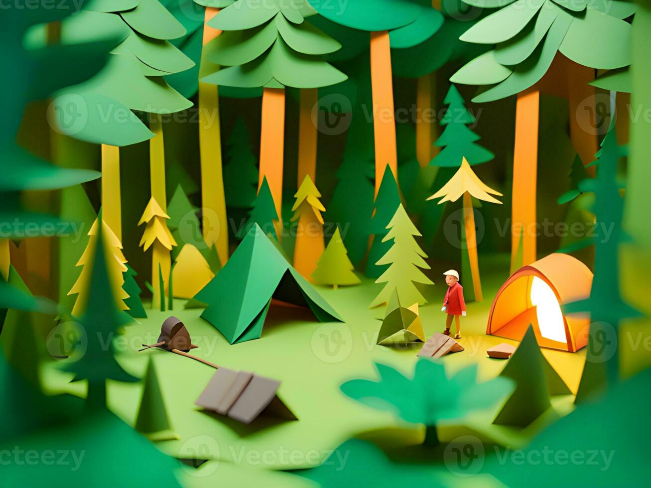 Woud in een berg landschap met tent, camping. 3d illustratie. foto