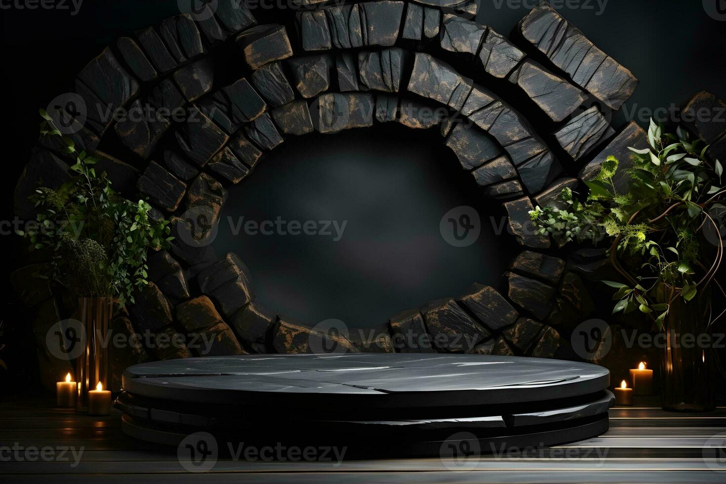 steen en rots vorm 3d geven illustratie. ronde podium, voetstuk voor merk Product tentoonstelling. solide donker zwart kleur ai generatief illustratie. foto