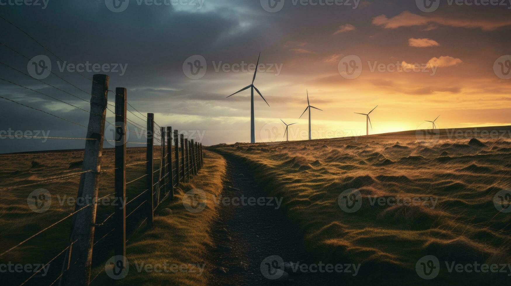 foto van een pittoreske zonsondergang met een groep van windmolens Aan een heuvel. ai generatief