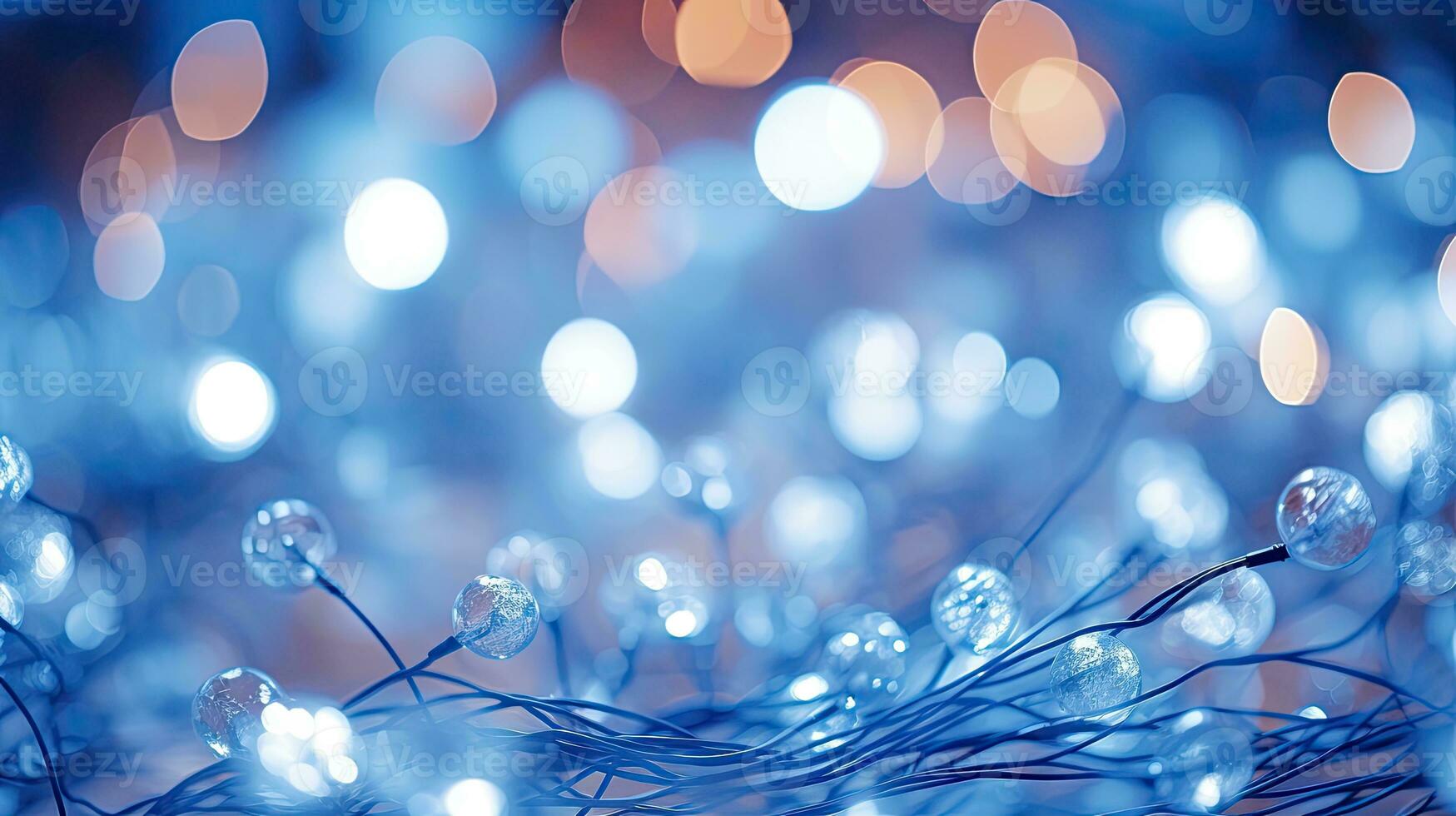 ai generatief Kerstmis lichten Aan een blauw achtergrond met bokeh effect. Kerstmis achtergrond. detailopname visie met diepte van gearchiveerd. foto