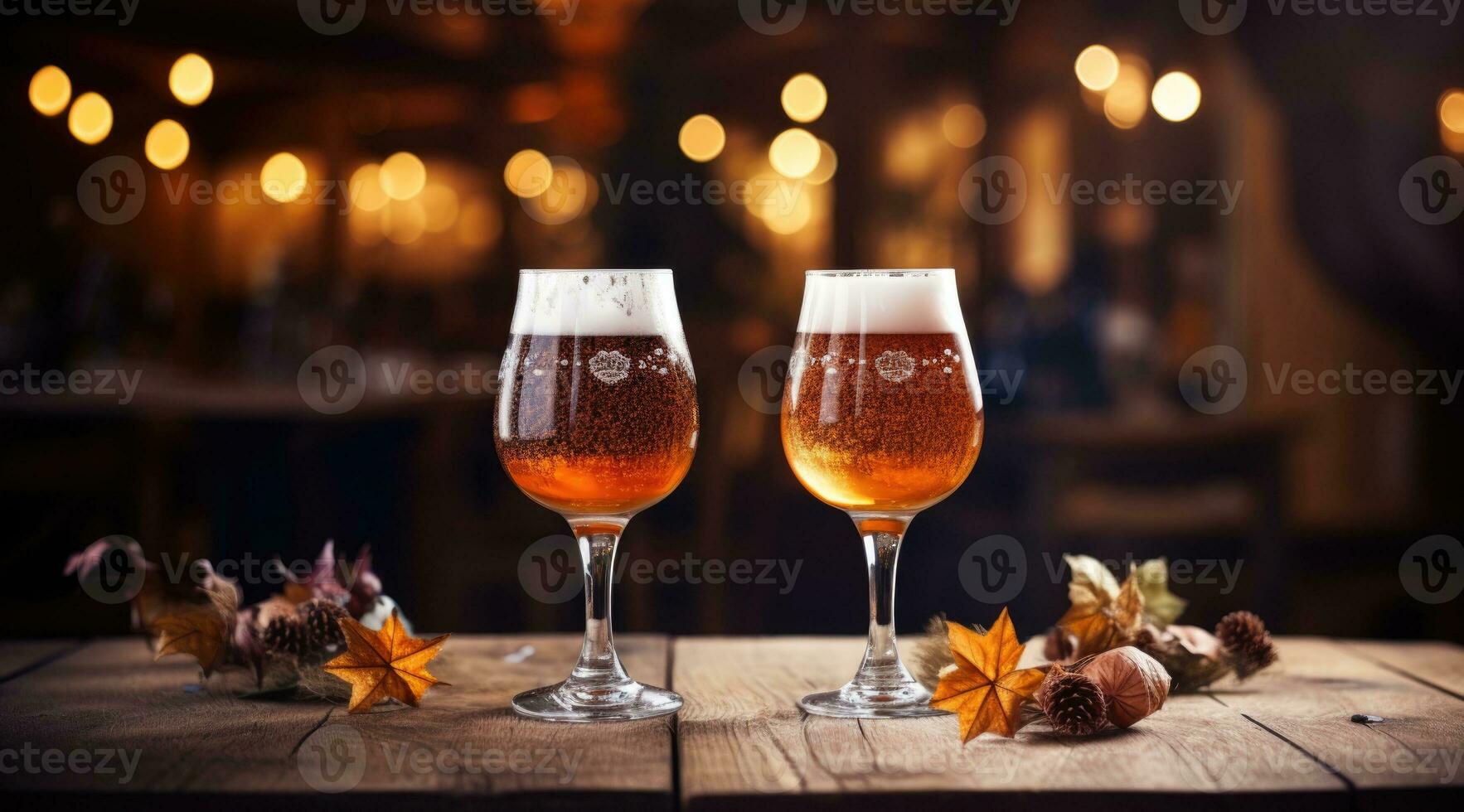 twee bril van bier Aan een houten tafel met bokeh lichten in de achtergrond. herfst droog bladeren Aan de tafel. ai beeld foto