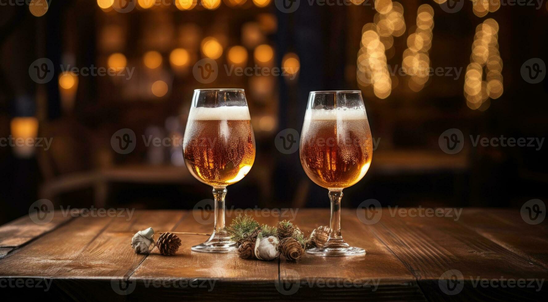 ai generatief twee bril van bier Aan houten tafel met Kerstmis lichten. bokeh achtergrond. elementen van Kerstmis decoratie Aan de tafel. foto