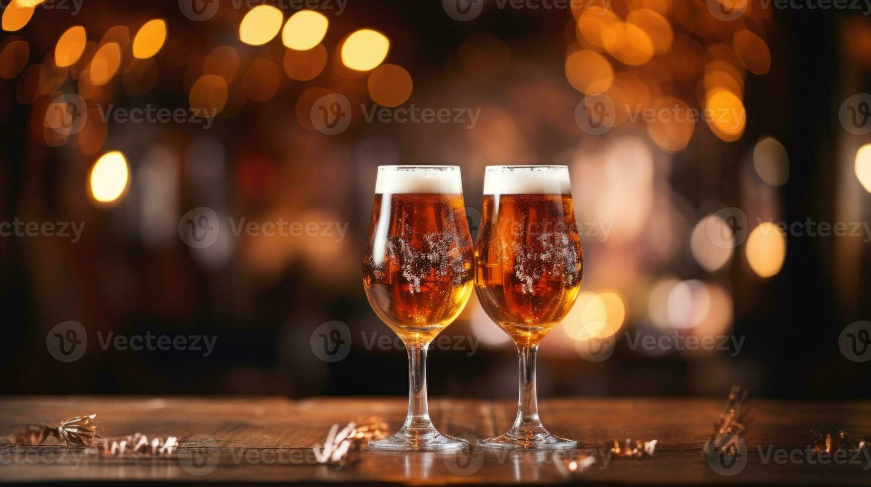 ai generatief twee bril van bier Aan een houten tafel met bokeh lichten in de achtergrond. herfst droog bladeren Aan de tafel. foto