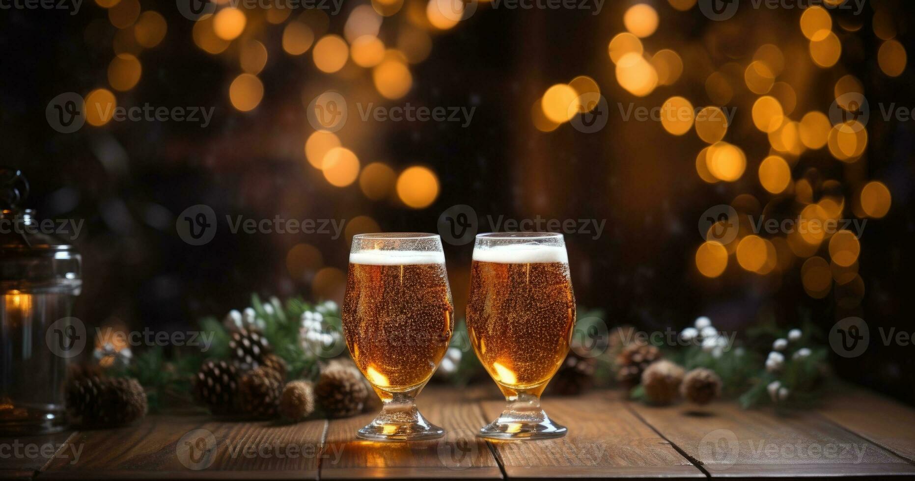 ai generatief twee bril van bier Aan houten tafel met Kerstmis lichten. bokeh achtergrond. elementen van Kerstmis decoratie Aan de tafel. foto