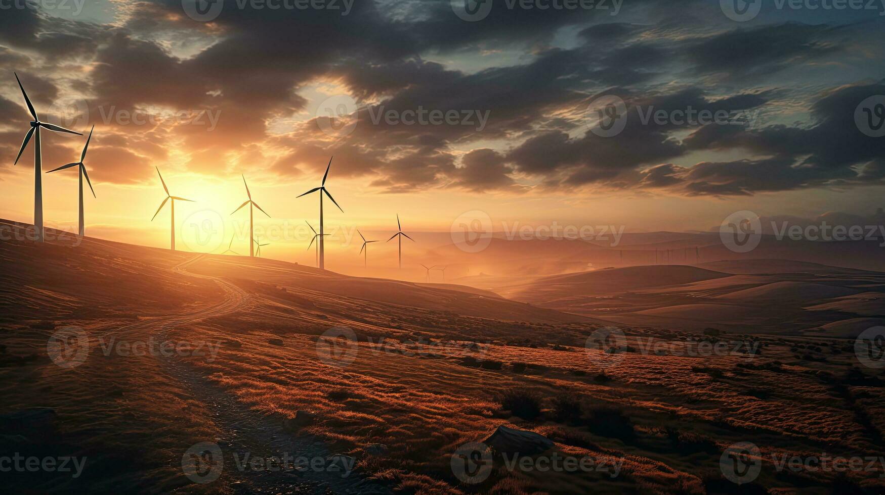 ai generatief wind turbines Bij zonsopkomst in de platteland. groen energie, natuur achtergrond. foto