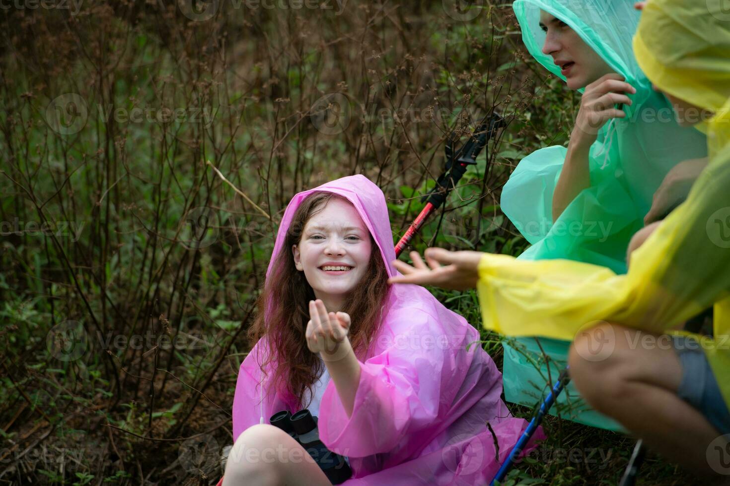 groep van vrienden in regenjas met rugzakken wandelen in de Woud, zitten en onderdak van de regen foto