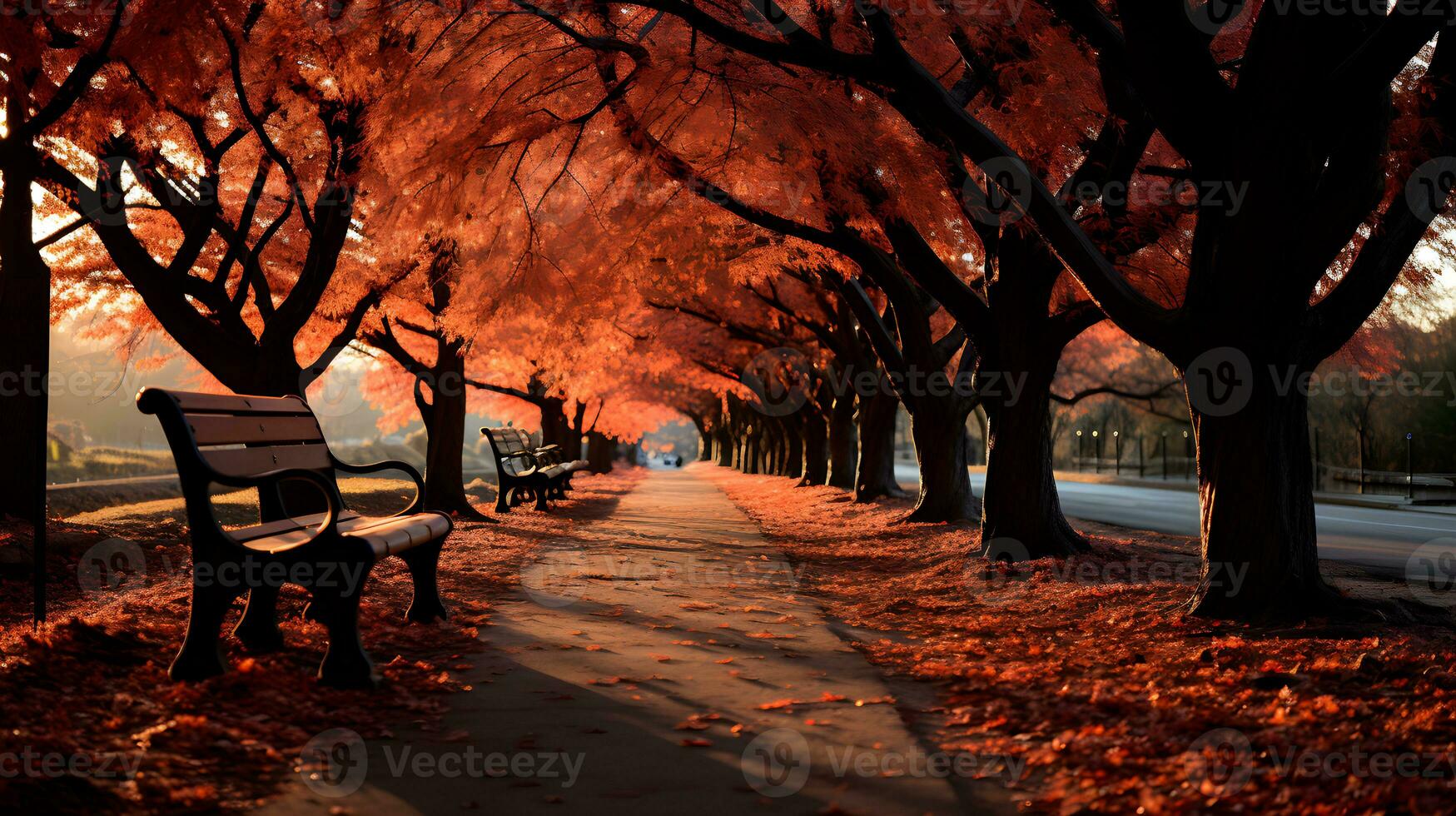een rij van banken Aan een trottoir bekleed met bomen. de bomen zijn verliezende hun bladeren, welke zijn vallend naar de grond in een kleurrijk reeks. foto