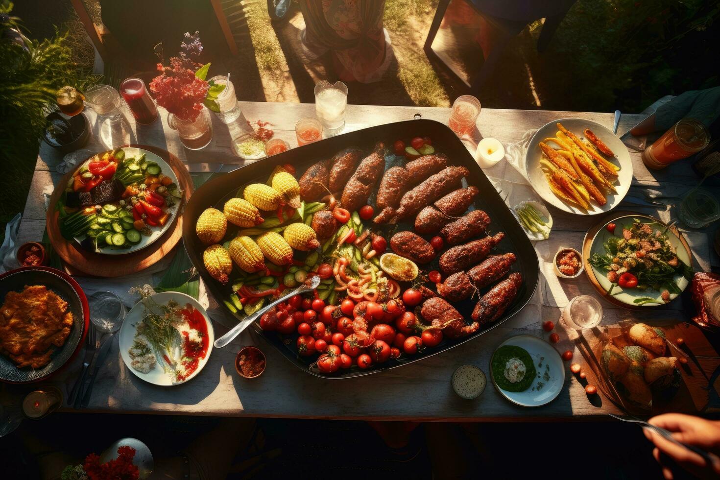 groep van vrienden hebben barbecue partij buitenshuis. selectief focus. voedsel, barbecue avondeten Bij een zomer partij, top visie, ai gegenereerd foto