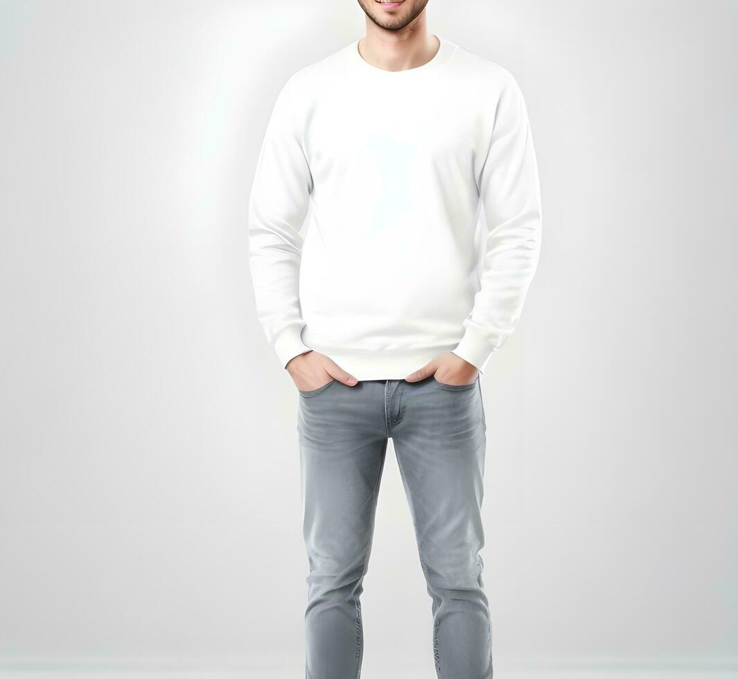 jong Mens vervelend blanco wit trui mockup afdrukken presentatie mockup ai genereren foto