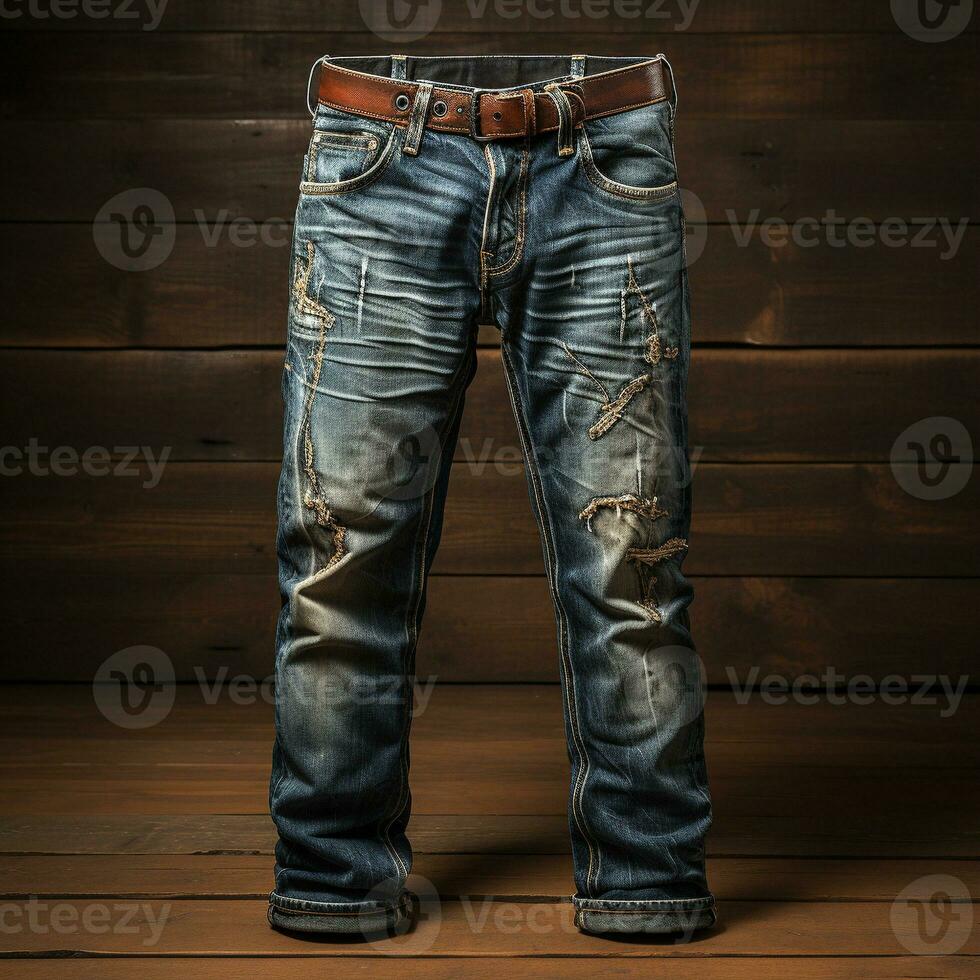 ai gegenereerd blauw jeans spijkerbroeken met hout achtergrond foto