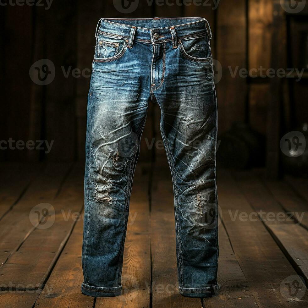 ai gegenereerd blauw jeans spijkerbroeken met hout achtergrond foto