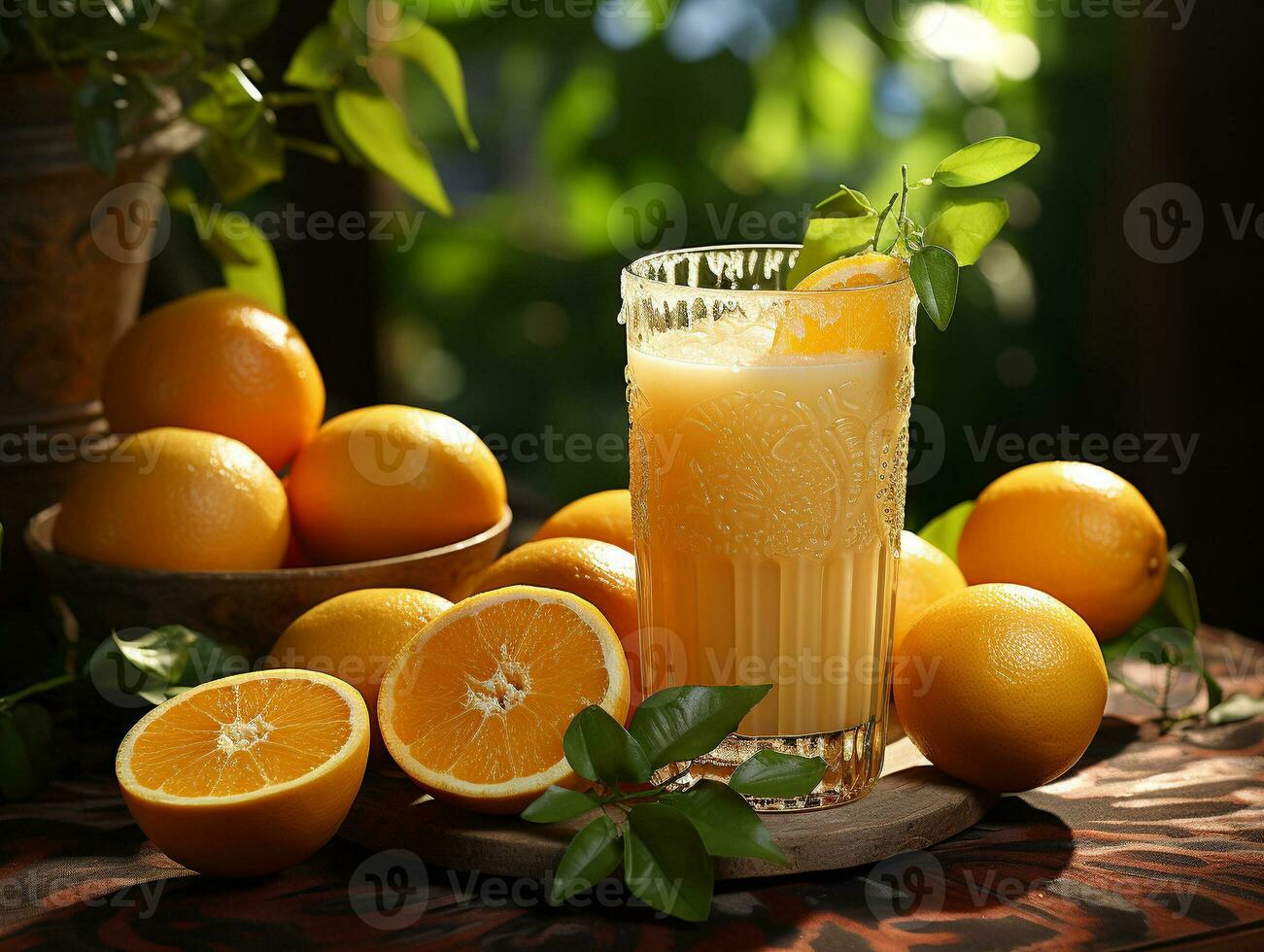 ai gegenereerd oranje sap Aan hout tafel foto