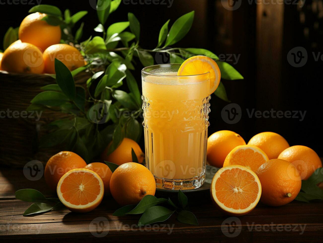 ai gegenereerd oranje sap Aan hout tafel foto