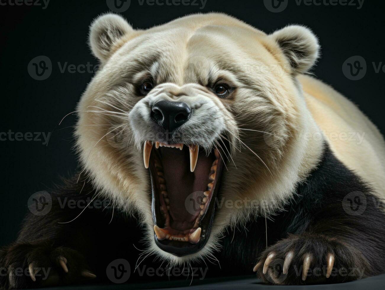 3d illustratie. portret van een boos reusachtig panda Aan zwart achtergrond. ai generatief foto