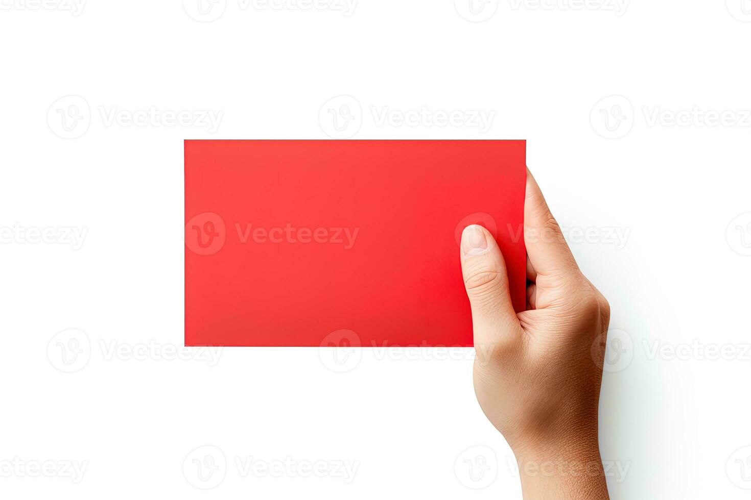 een menselijk hand- Holding een blanco vel van rood papier of kaart geïsoleerd Aan wit achtergrond. ai gegenereerd foto