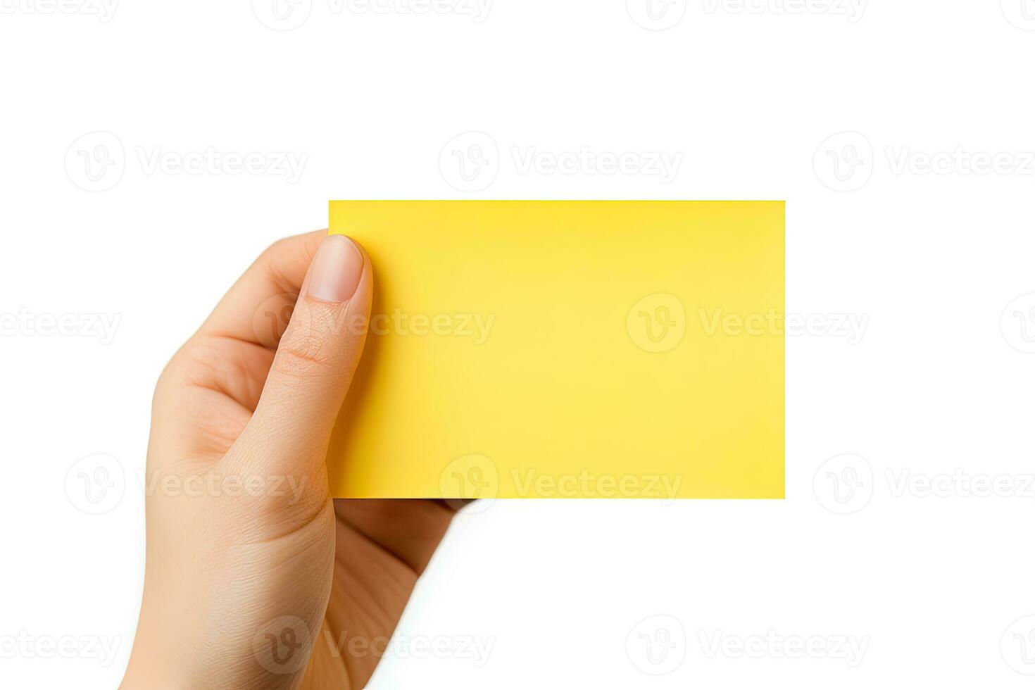 een menselijk hand- Holding een blanco vel van geel papier of kaart geïsoleerd Aan wit achtergrond. ai gegenereerd foto