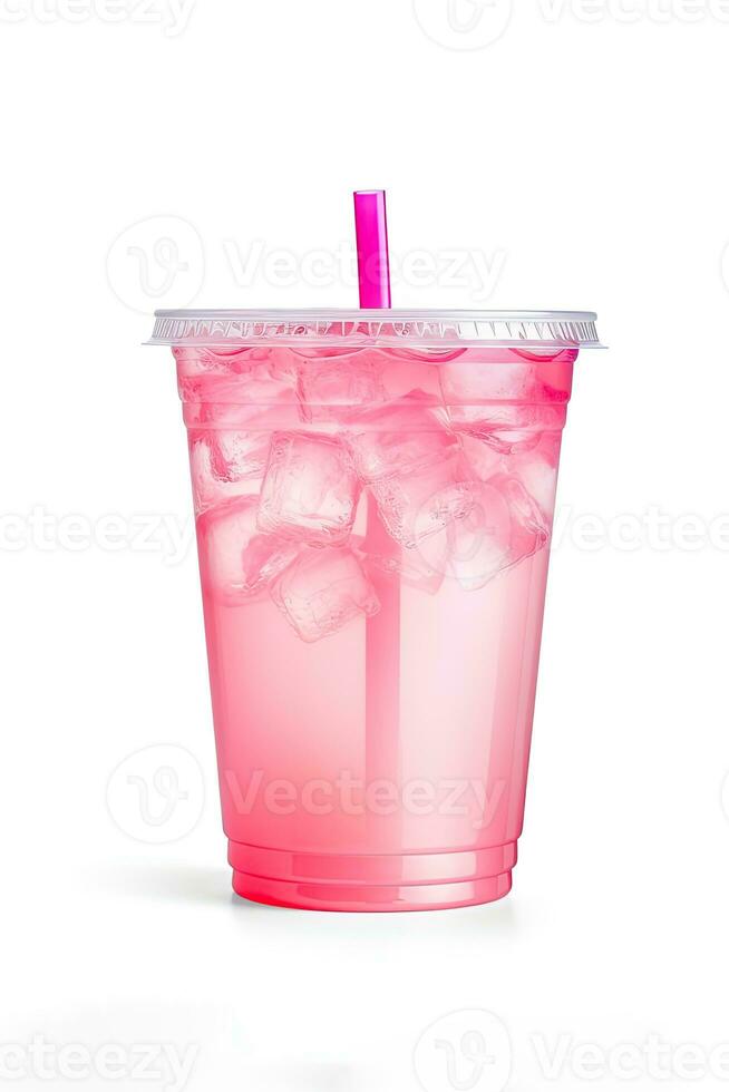 roze drinken in plastic kop geïsoleerd Aan wit achtergrond. nemen weg drankjes concept. ai gegenereerd foto